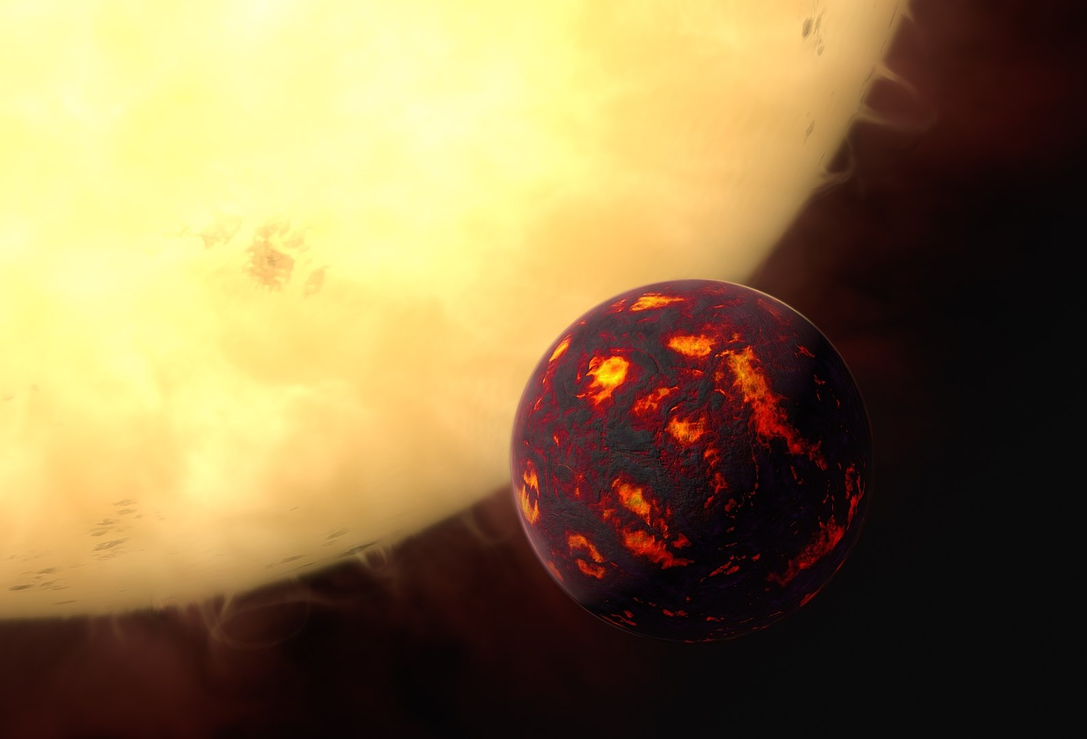 This artist’s impression shows the super-Earth 55 Cancri e in front of its parent star. Using observations made with the NASA/ESA Hubble Space Telescope and new analytic software scientists were able to analyse the composition of its atmosphere. It was the first time this was possible for a super-Earth. 55 Cancri e is about 40 light-years away and orbits a star slightly smaller, cooler and less bright than our Sun. As the planet is so close to its parent star, one year lasts only 18 hours and temperatures on the surface are thought to reach around 2000 degrees Celsius.
