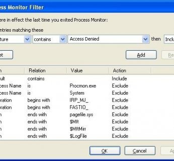 Process Monitor pokazuje, które narzędzia nie działają w systemie NTFS z powodu braku prawa dostępu.