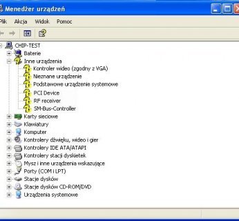Po zainstalowaniu Windows XP musimy jeszcze zaktualizować sterowniki zaznaczone w Menedżerze urządzeń.