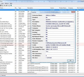 ShellExView pokazuje informacje o wszystkich rozszerzeniach menu kontekstowego w systemie.