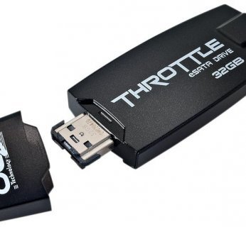 OCZ Throttle OCZESATATHR32G eSATA Drive 32GB. Pendrive z interfejsem eSATA? Proszę bardzo. OCZ Throttle to nieduży i lekki nośnik o sporej pojemności i ponadprzeciętnej wydajności dla tych, którym interfejs USB nie wystarcza. Dla zachowania kompatybilności wyposażono go również w interfejs USB zapewniający co prawda niższe ale też dobre osiągi.
