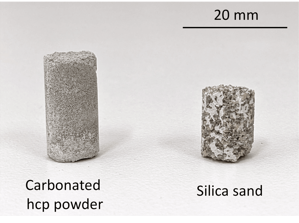 Dwie próbki betonu na bazie węglanu wapnia &#8211; jedna stworzona przy użyciu stwardniałej pasty cementowej (po lewej), a druga przy użyciu piasku kwarcowego. Oba surowce są powszechnymi odpadami budowlanymi i rozbiórkowymi
