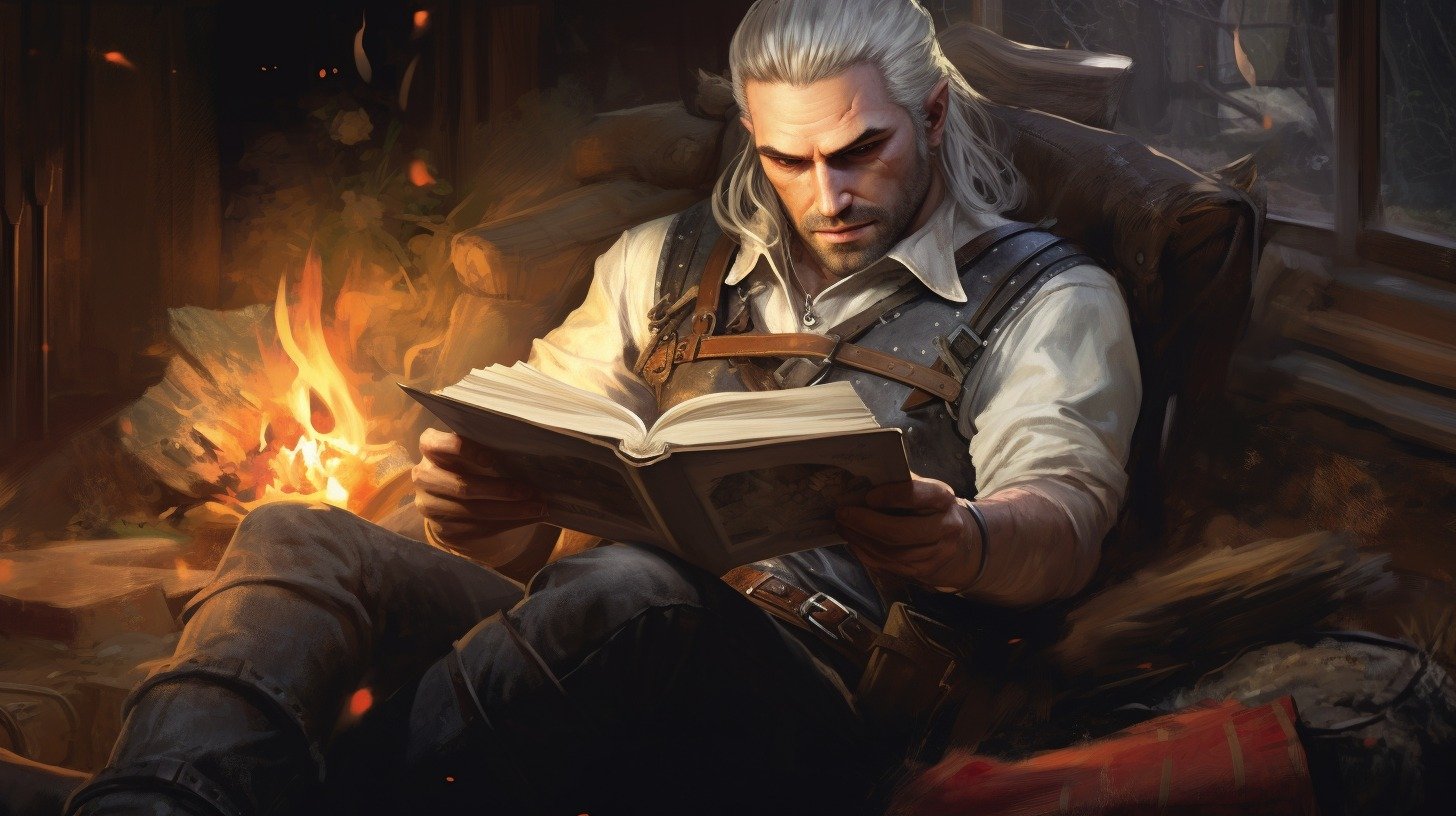 Geralt z Rivii czyta sagę o Wiedźminie