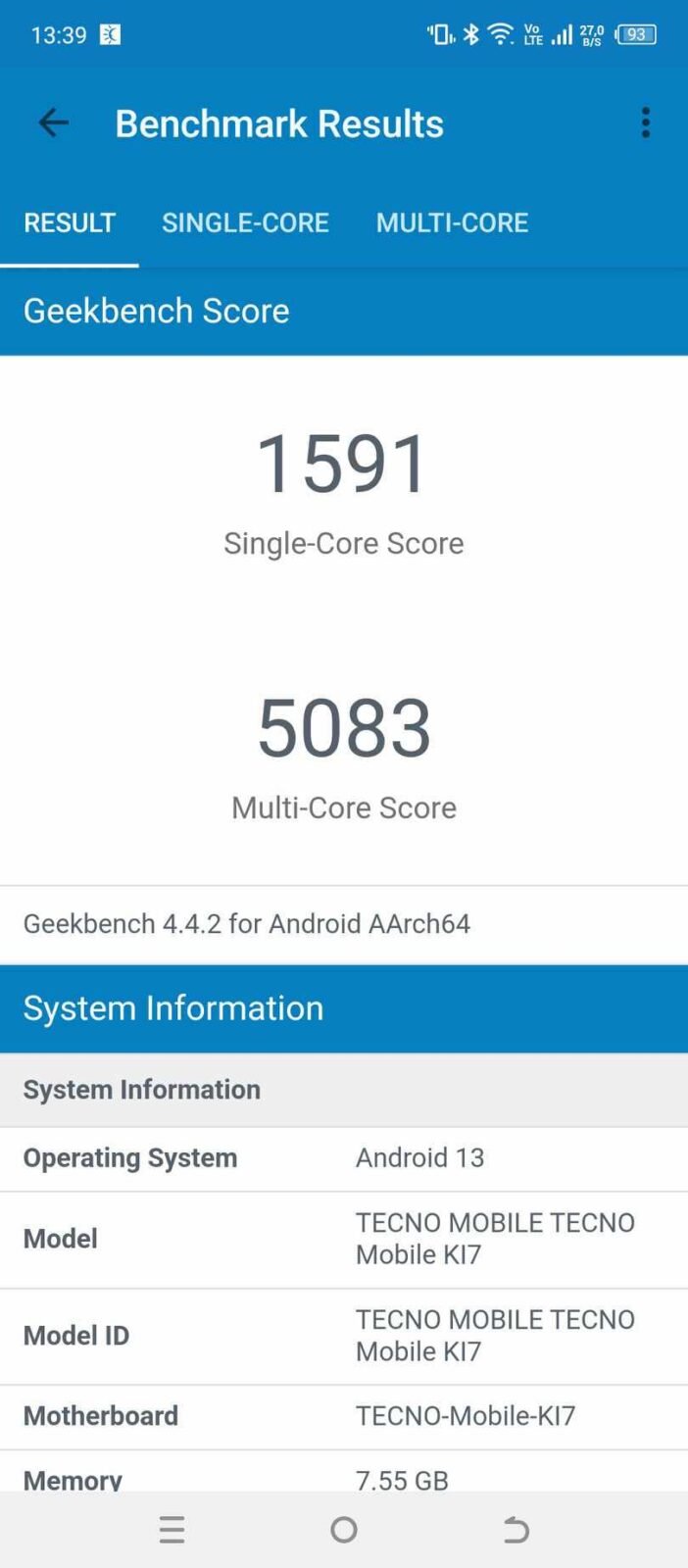 Geekbench 4 i wynik Tecno Spark 10 Pro- 1591/5083