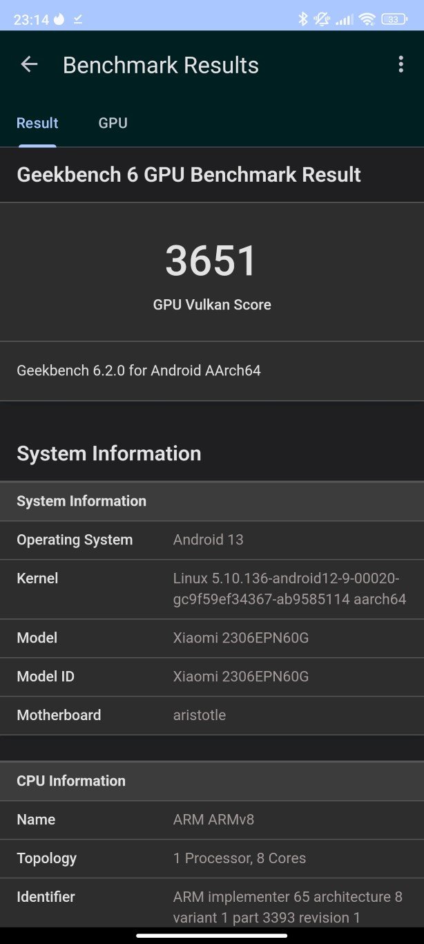 Xiaomi 13T - Geekbench 6 grafika Vulkan API - 3651