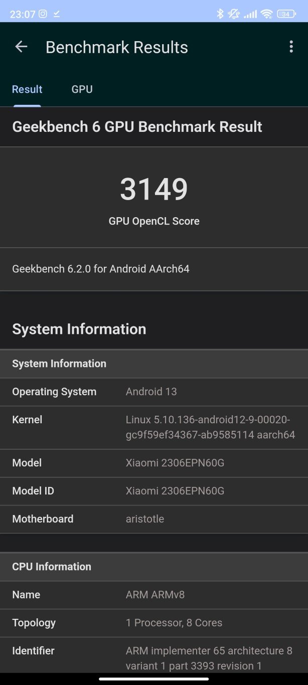 Xiaomi 13T - Geekbench 6 grafika OpenCL - 3149