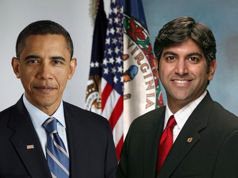 Barack Obama po lewej i nowy CTO Stanów Zjednoczonych - Aneesh Chopra - po prawej