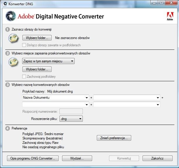 Bezpłatny Adobe DNG Converter konwertuje pliki RAW z różnych aparatów do otwartego formatu DNG.