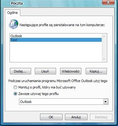W tym oknie można określić, jaki profil ma być używany podczas uruchamiania programu Outlook. Powinno to rozwiązać problem podwójnych katalogów.