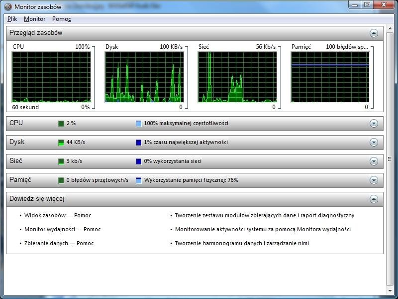 Poza statusem CPU, sieci i pamięci Monitor zasobów informuje również o dostępie do plików.