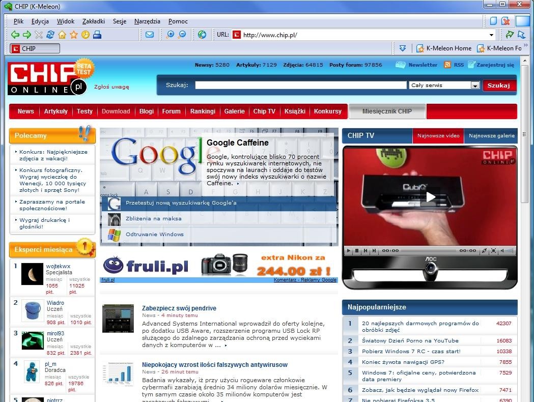 K-Meleon wyświetla strony internetowe przynajmniej tak samo zwinnie, jak czyni to Firefox.