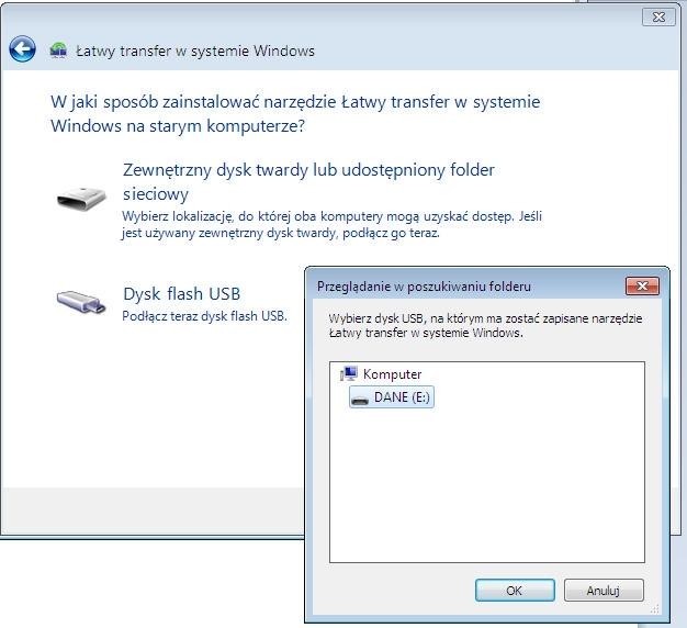 W oknie »Przeglądanie w poszukiwaniu folderu« możemy wskazać dysk, na którym zostanie zapisane narzędzie »Łatwy transfer w systemie Windows«.