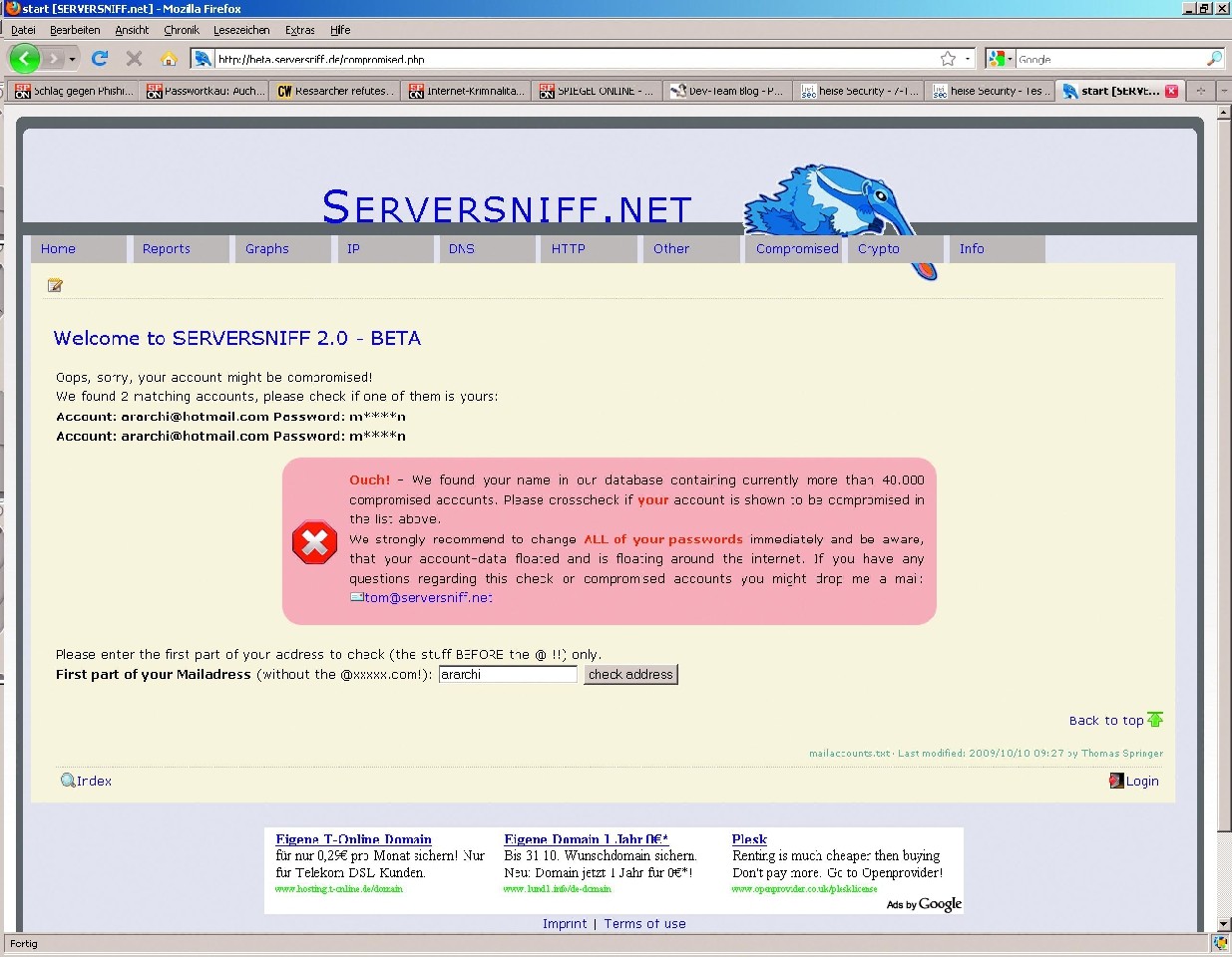 Na stronie serwisu ServerSniff możemy sprawdzić, czy hasło do naszego konta nie zostało opublikowane w Internecie.