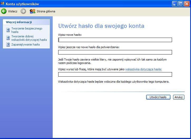 W tym oknie dialogowym w Windows XP zmienimy hasło dla ukrytego konta administratora.