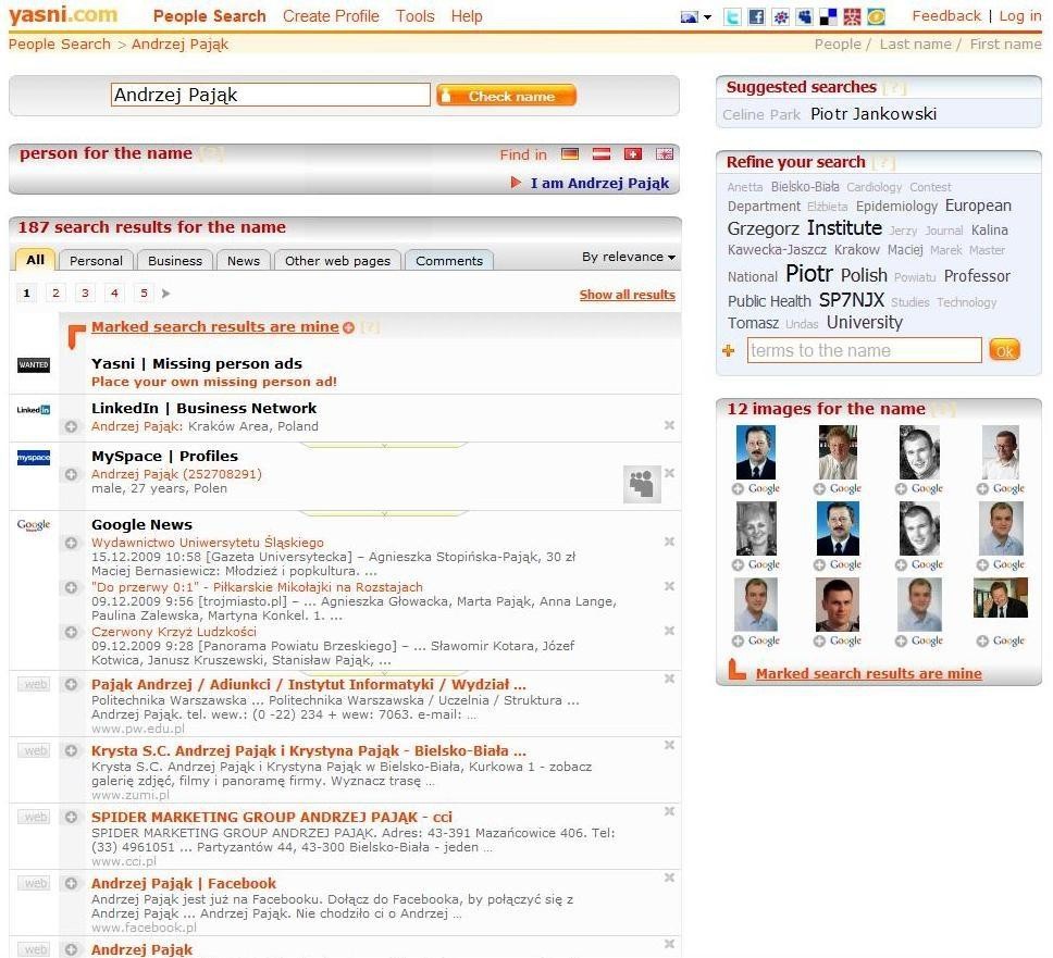 Specjalistyczna wyszukiwarka yasni.com wyszukuje w Internecie dane osobowe.