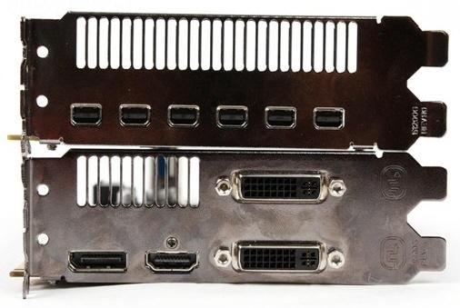 Radeon HD 5870 z sześcioma złączami DisplayPort na górze, a dla porównania na dole zwykły Radeon HD 5870