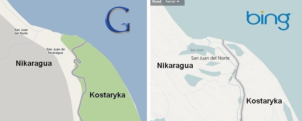Różnica rysowaniu granicy państw Kostaryki i Nikaragui w mapach Google'a i Binga jest aż nadto zauważalna