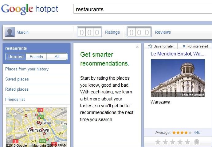 Google Hotpot, czyli znajdź najlepsze miejsca w swojej okolicy
