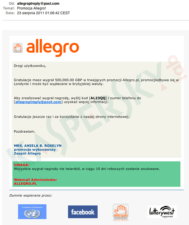 Zrzut ekranu wiadomości phishingowej wysyłanej przez cyberprzestępców do użytkowników Allegro