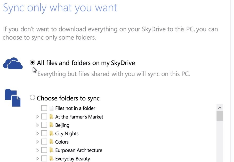 SkyDrive umożliwia synchronizację wybranych folderów