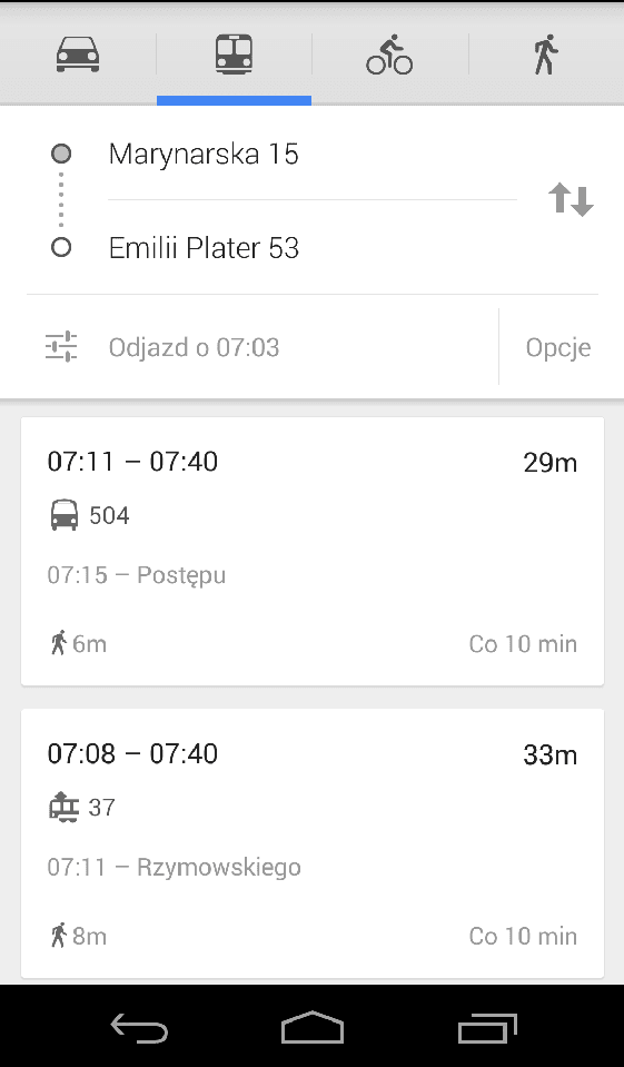 Google Transit w Warszawie