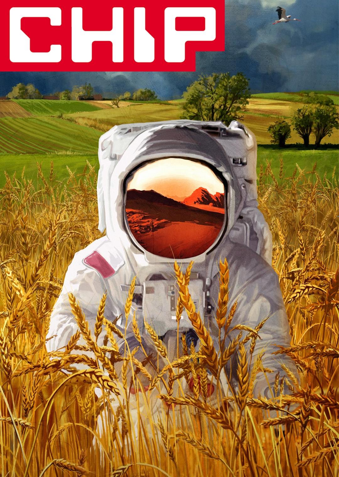 Człowiek w białym kombinezonie kosmicznym pośród łanów pszenicy, w tle zielone i złotawe pola, ale w wizjerze odbija się pustynny, marsjański krajobraz; logo CHIP.