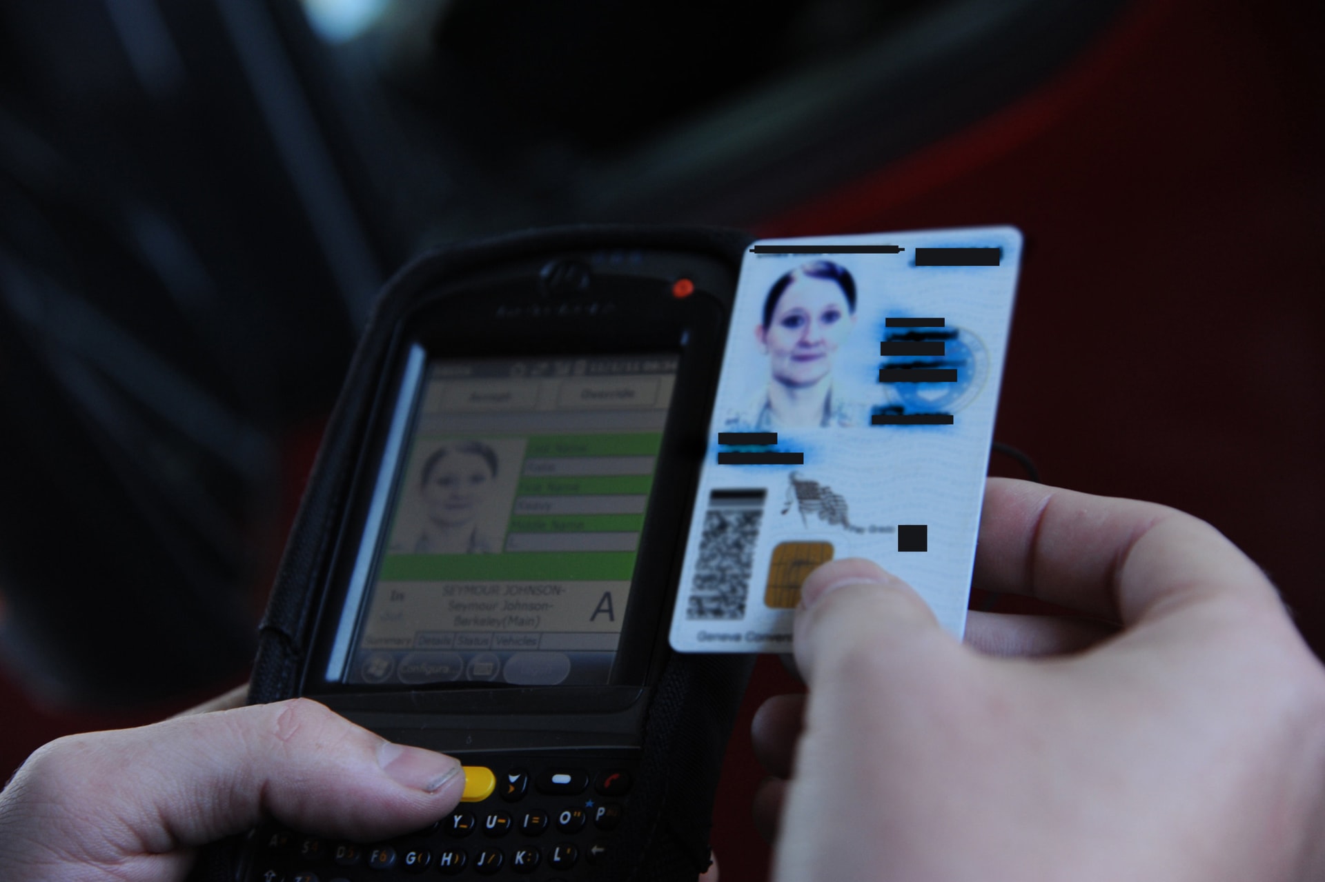 Airman 1st Class James Martin, 4th Security Forces Squadron patrolman, uses a Defense Biometric Identification System (DBIS) to verify information on an identification card at Berkeley gate on Seymour Johnson Air Force Base, N.C., Nov. 1, 2011. DBIDS will inform a gate guard if the card is invalid, stolen or lost. The scanners will be used at all gates on Seymour Johnson to enhance base safety. Martin is a native of Wooster, Ohio. (U.S. Air Force illustration by Senior Airman Whitney Stanfield)