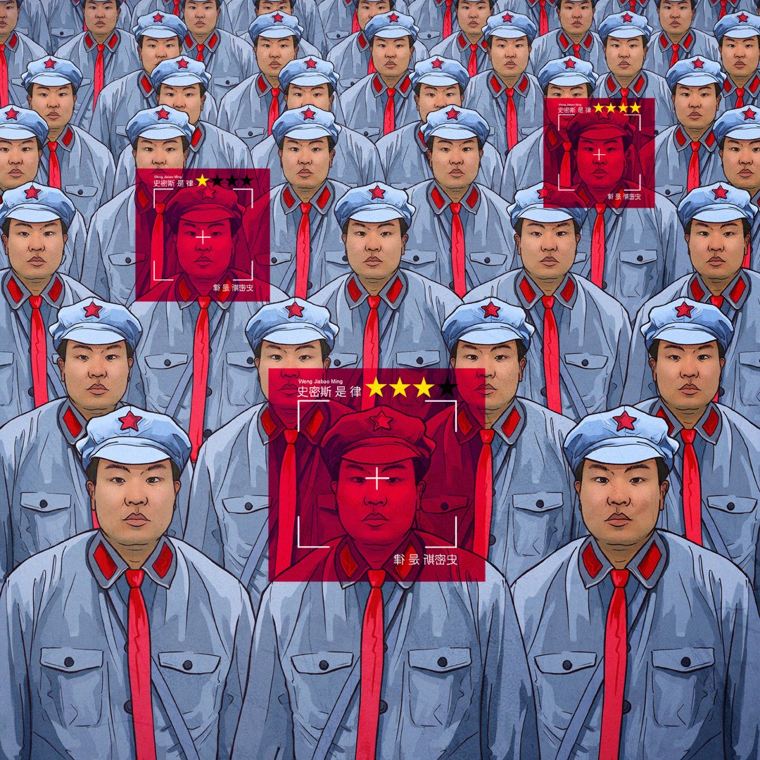 Szeregi chińczyków w niebieskich mundurach z czerwonymi krawatami, niektóre twarze podkreślone z adnotacją w postaci liczby gwiazdek.