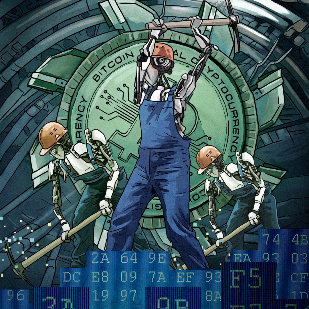 Robotyczni górnicy kopiacy na tle metalowego bitcoina.