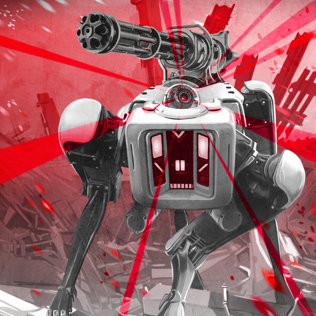 Metaliczny robot na czterech nogach z obrotowym karabinem na górze.