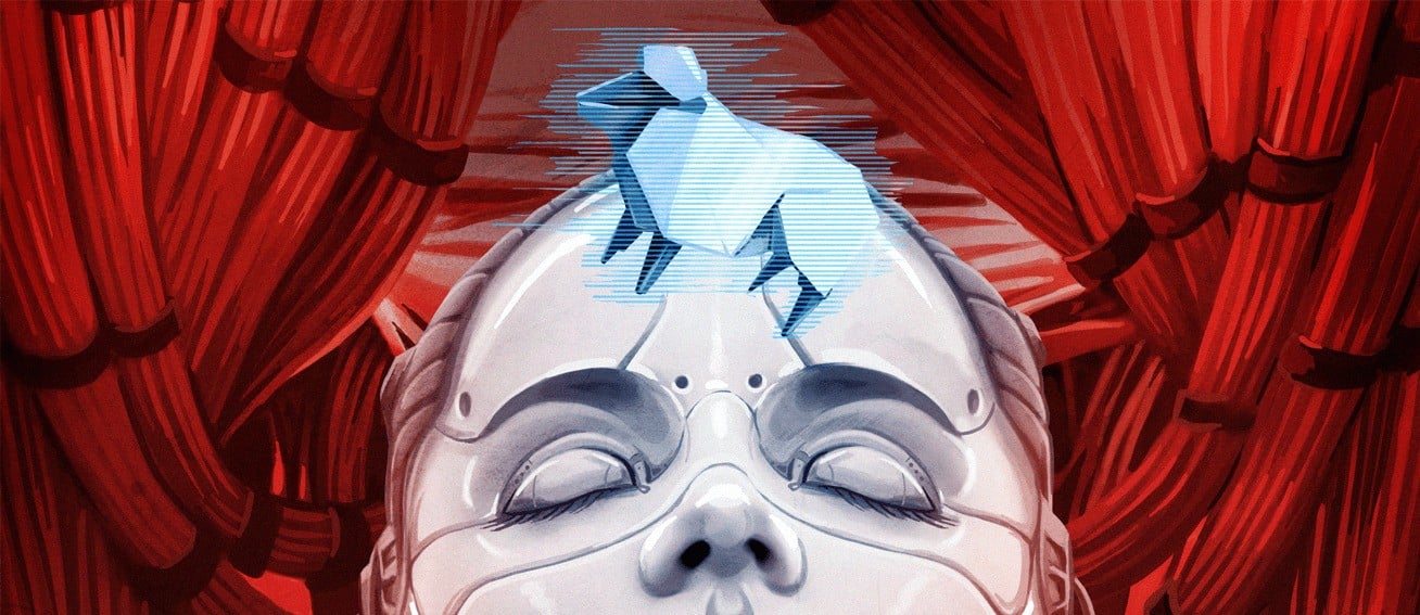 Głowa androida z zamkniętymi oczami z sennym baranem origami ponad nią.