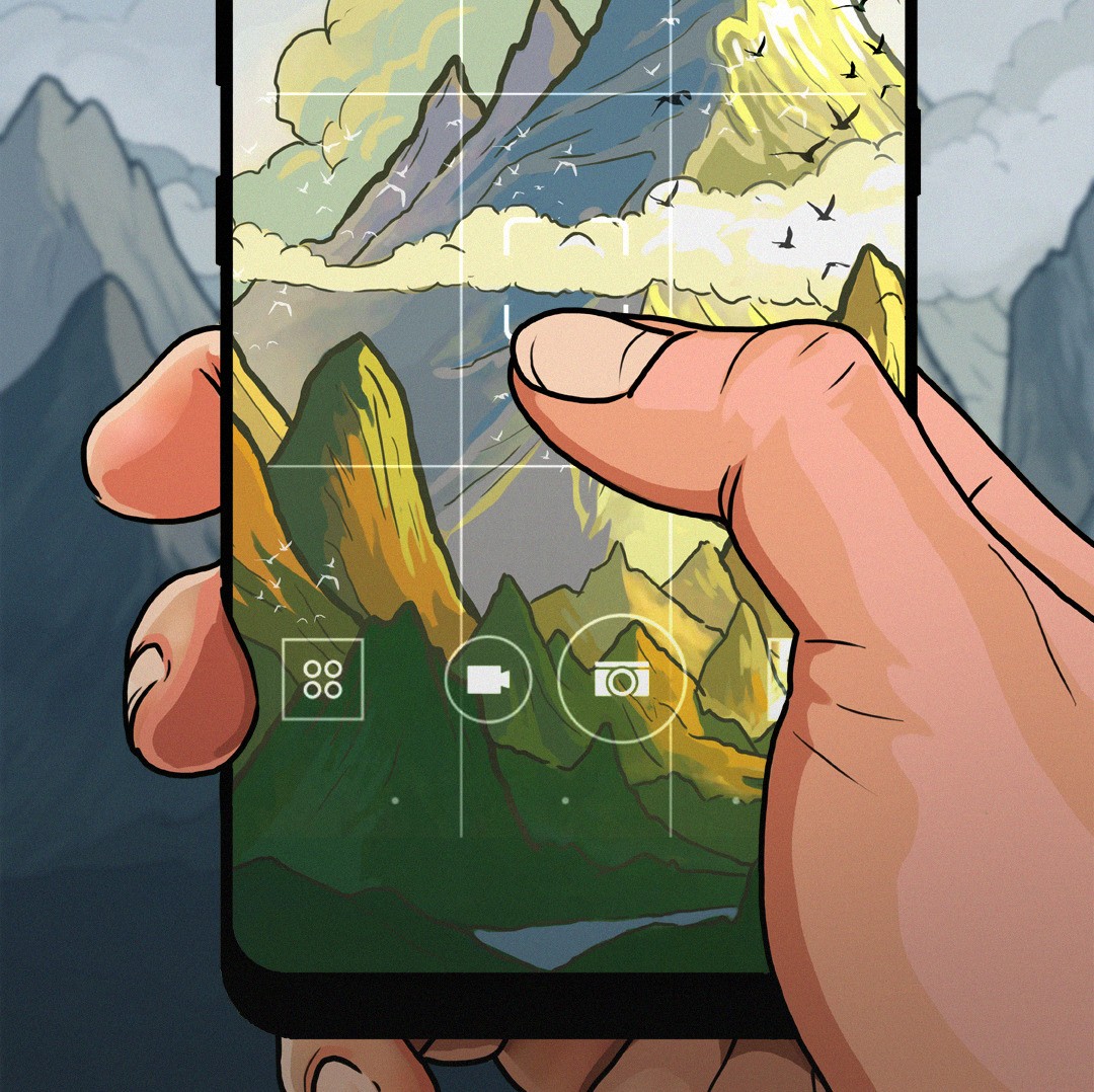 Czarno-biały górski pejzaż widziany na kolorowo poprzez smartfona.