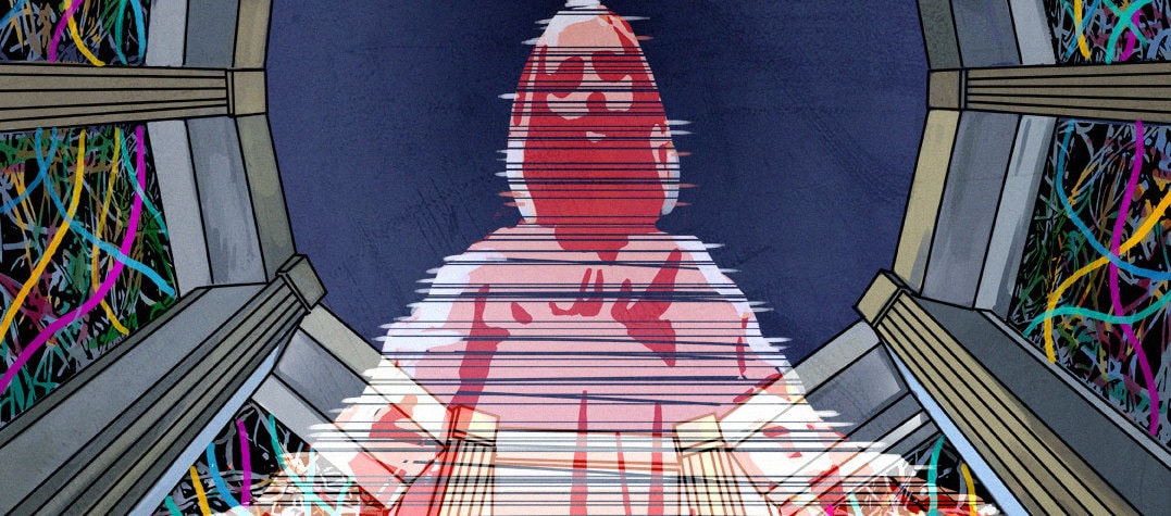 Półprzezroczysty hologram dziewczynki wewnątrz cylindra ze ścianami z kabli.