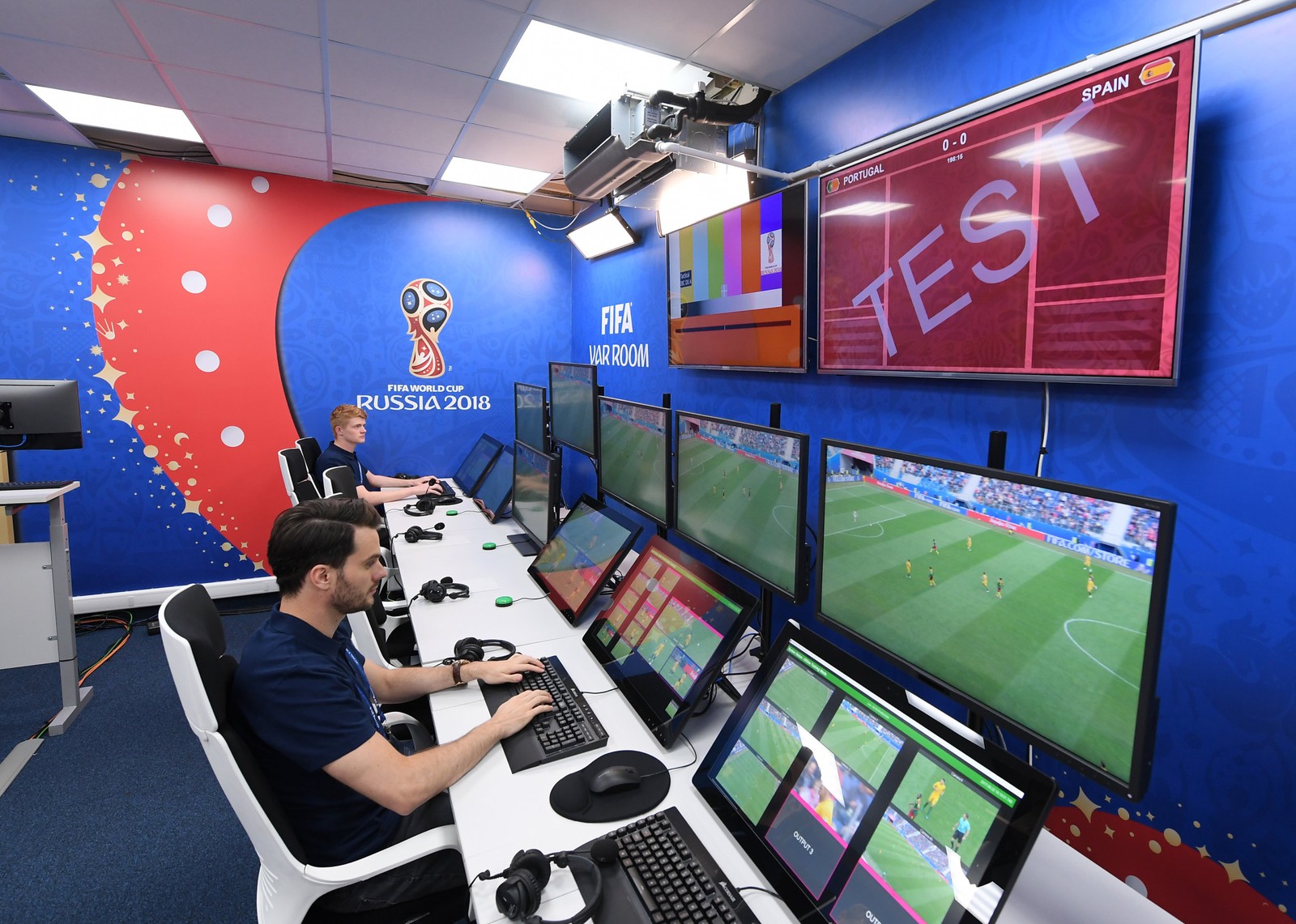 MOSCOW, RUSSIA &#8211; JUNE 09: A general view of the Video Assistant Referee&#8217;s Room home of the VAR system to be used at all FIFA World Cup matches during the Official Opening of the International Broadcast Centre on June 9, 2018 in Moscow, Russia.  (Photo by Laurence Griffiths/Getty Images)
