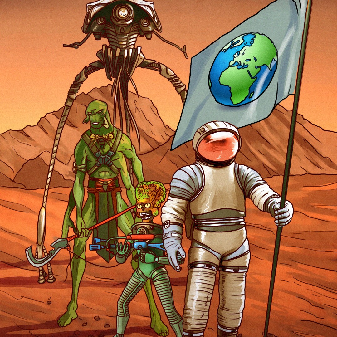 Trójnóg, reptilianin, mózgobcy i człowiek trzymający flagę Ziemi na czerwonej planecie.