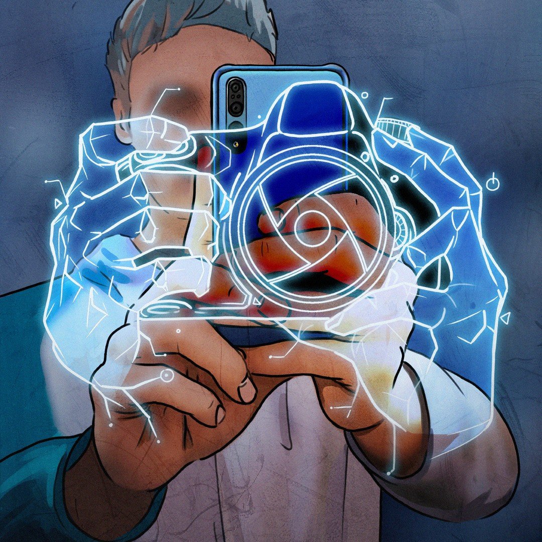 Mężczyzna robi zdjęcie smartfonem, z którego wyłania się hologram aparatu.