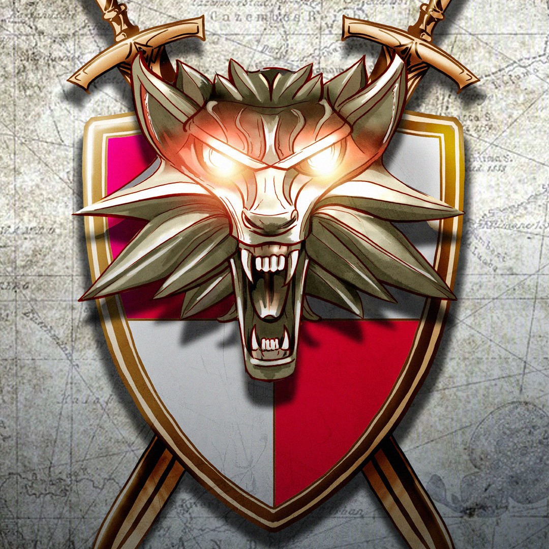 Medalion Wiedźmina, wilk z wyszczerzonymi kłami i świecącymi oczami na tle biało-czerwonej tarczy i dwóch mieczy.