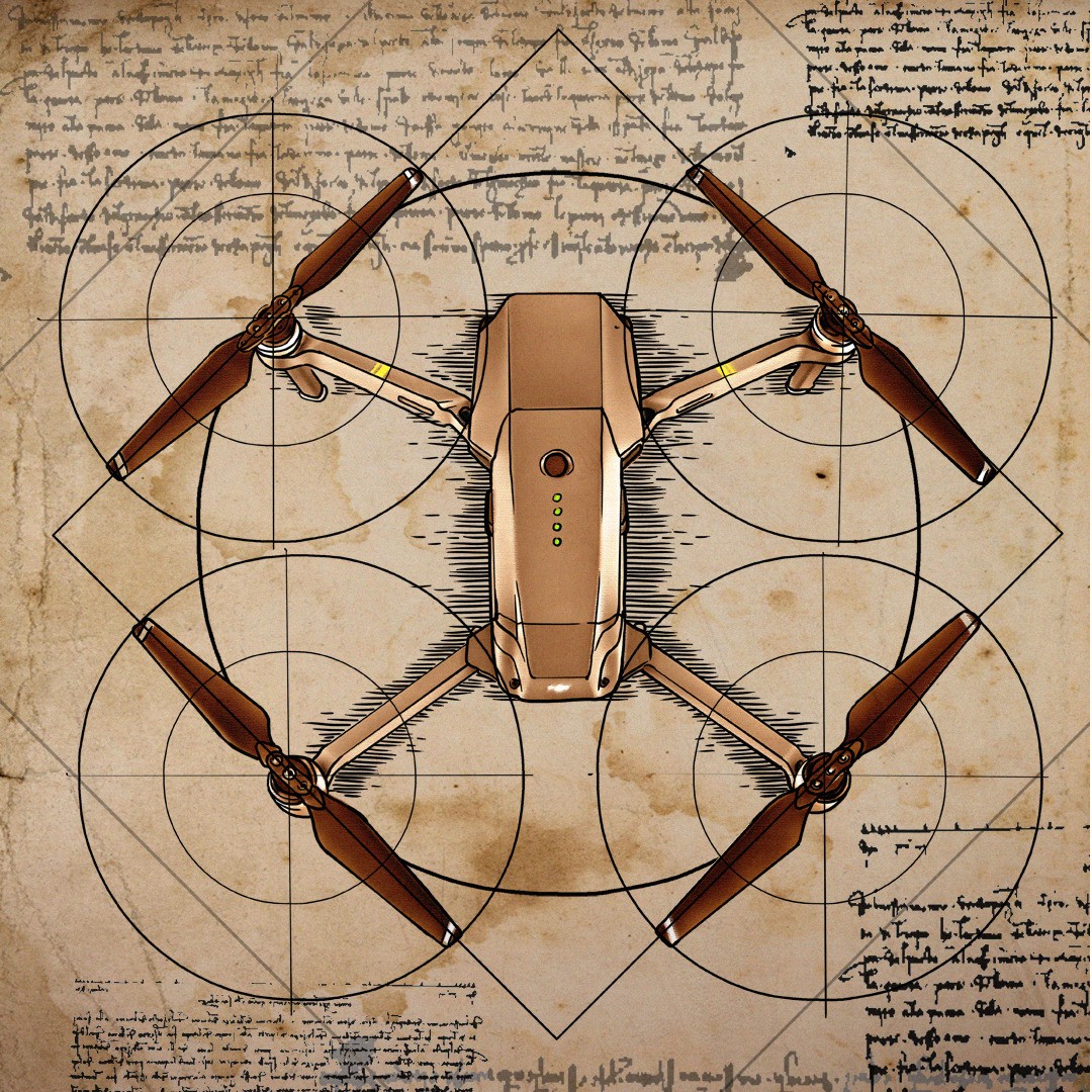Czterowirnikowy dron wyrastający ze szkicu.