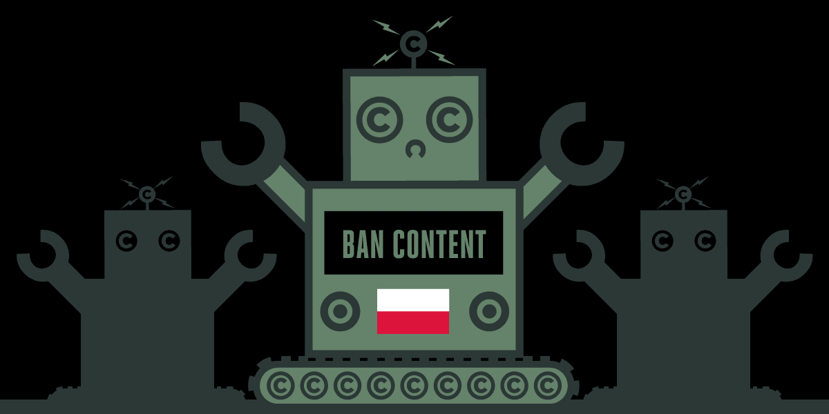 Android z napisaem "ban content" i flagą Polski