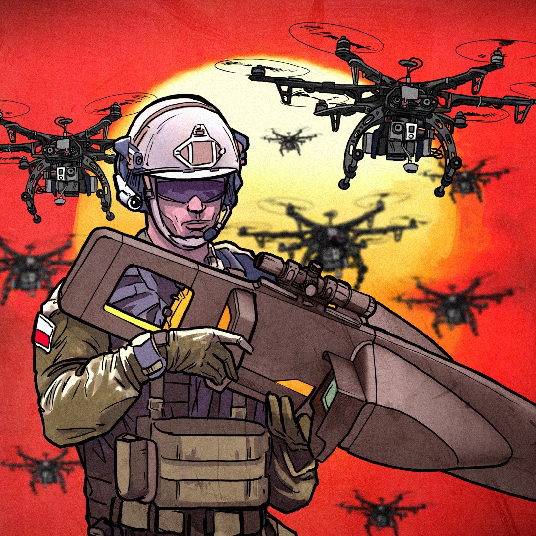 Żołnierz z futurystyczną bronią i sześciowirnikowe drony na tle czerwonego nieba ze słońcem.