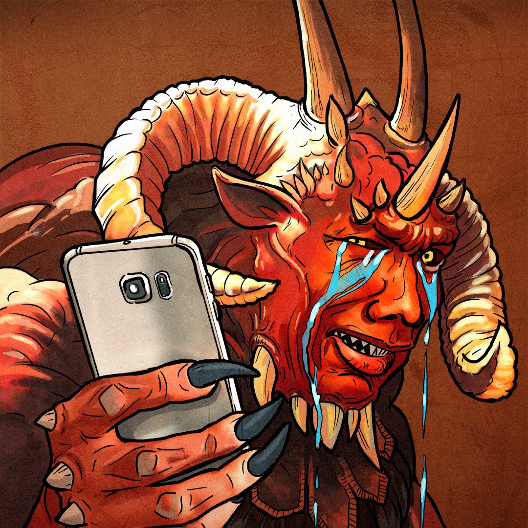 Płaczący Diablo robi sobie zdjęcie telefonem.