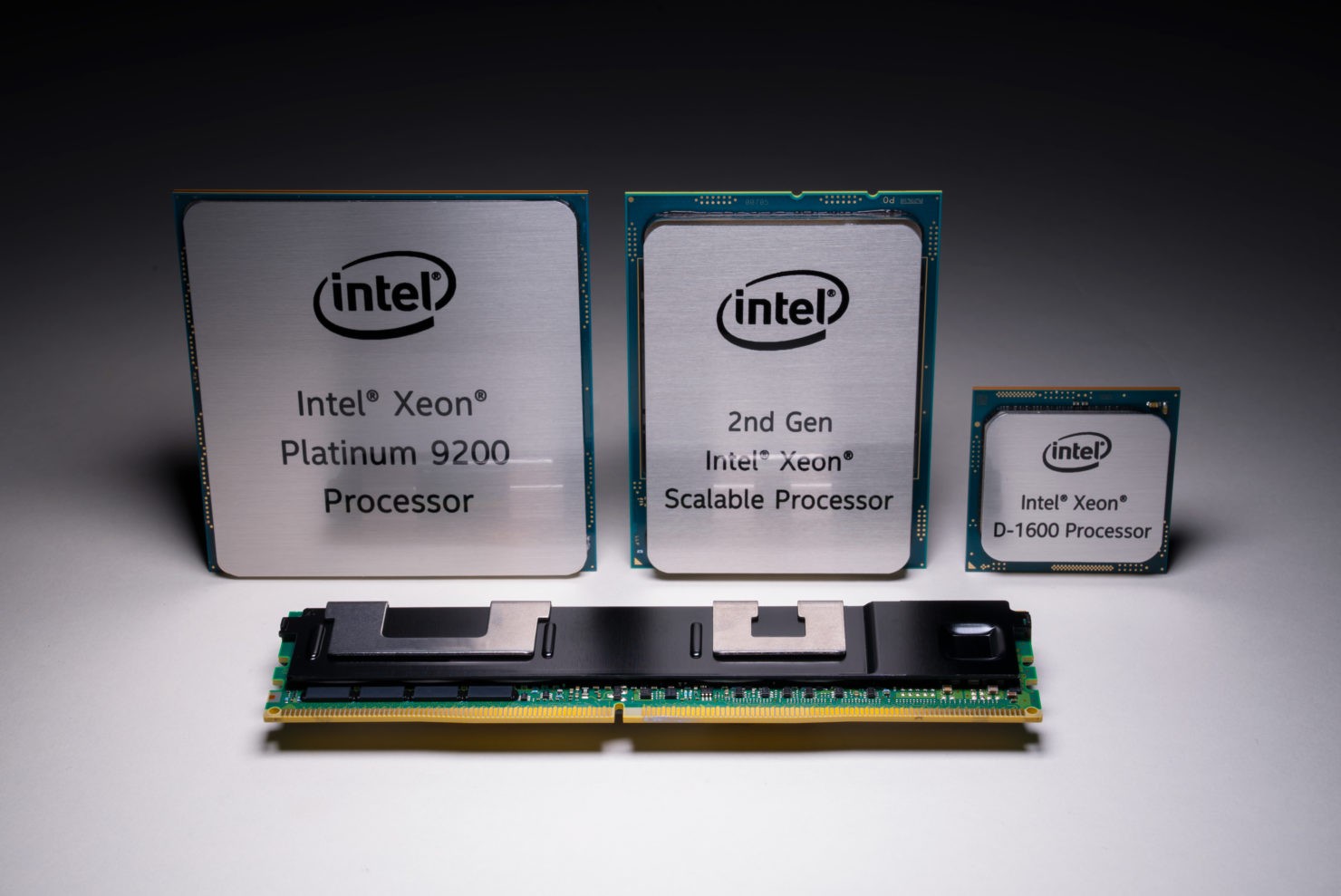 The Intel Xeon Family (from left): Intel Xeon Platinum 9200 processor, 2nd-Gen Intel Xeon Scalable Processor and Intel® Xeon® D-1600 Processor. Intel Corporation on April 2, 2019, introduced a portfolio of data-centric tools to help its customers extract more value from their data. (Credit: Tim Herman/Intel Corporation)
