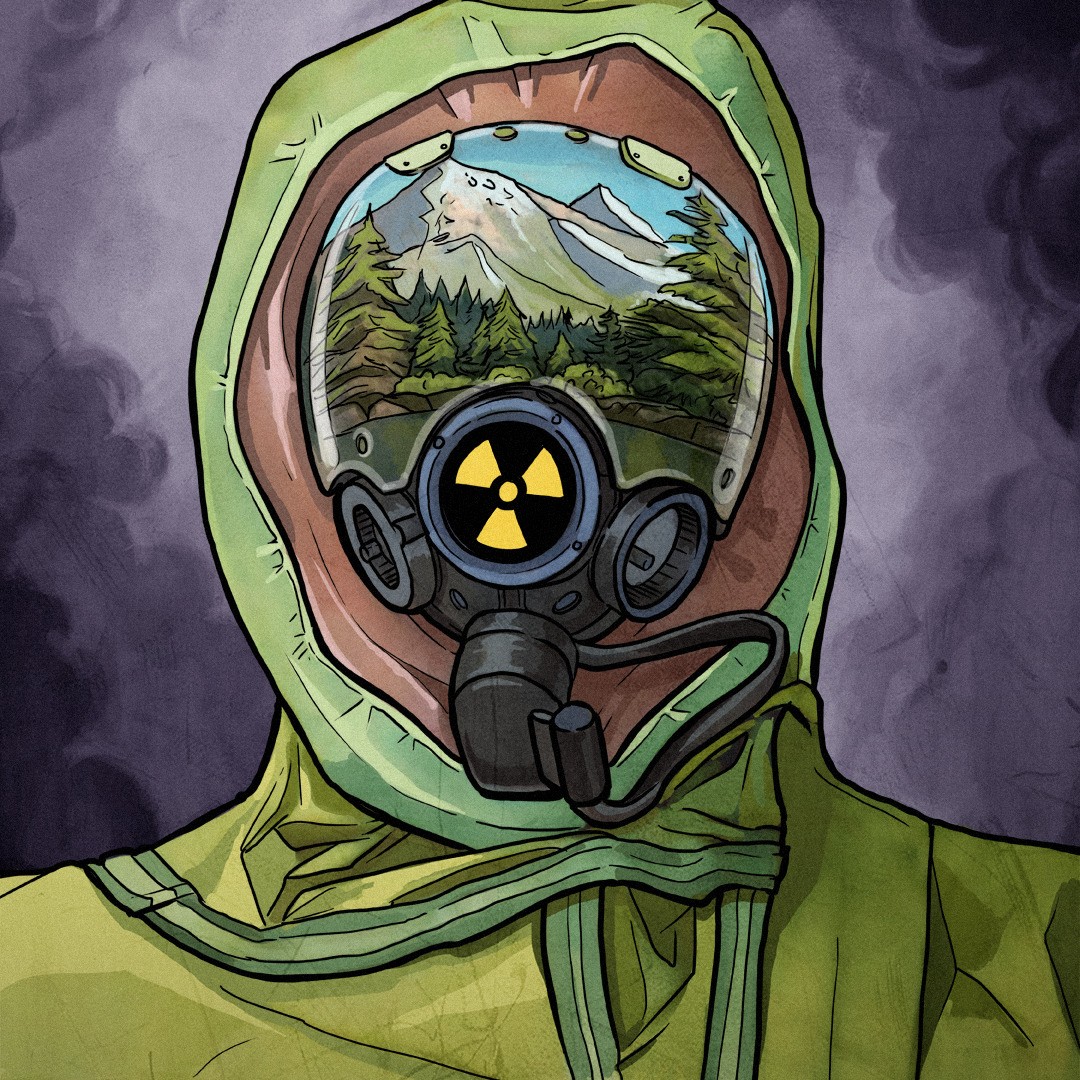 Człowiek w zielonym kombinezonie ochronnym i masce przeciwgazowej; na masce górski krajobraz i symbol promieniowania jonizującego.
