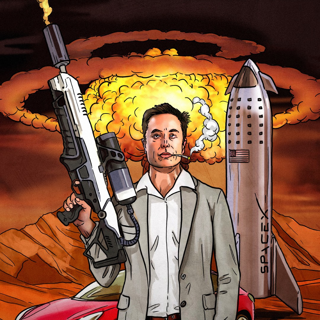 Elon Musk z dymiącym karabinem i cygarem, w tle czerwony samochód, rakieta SpaceX i eksplozja ponad górami.