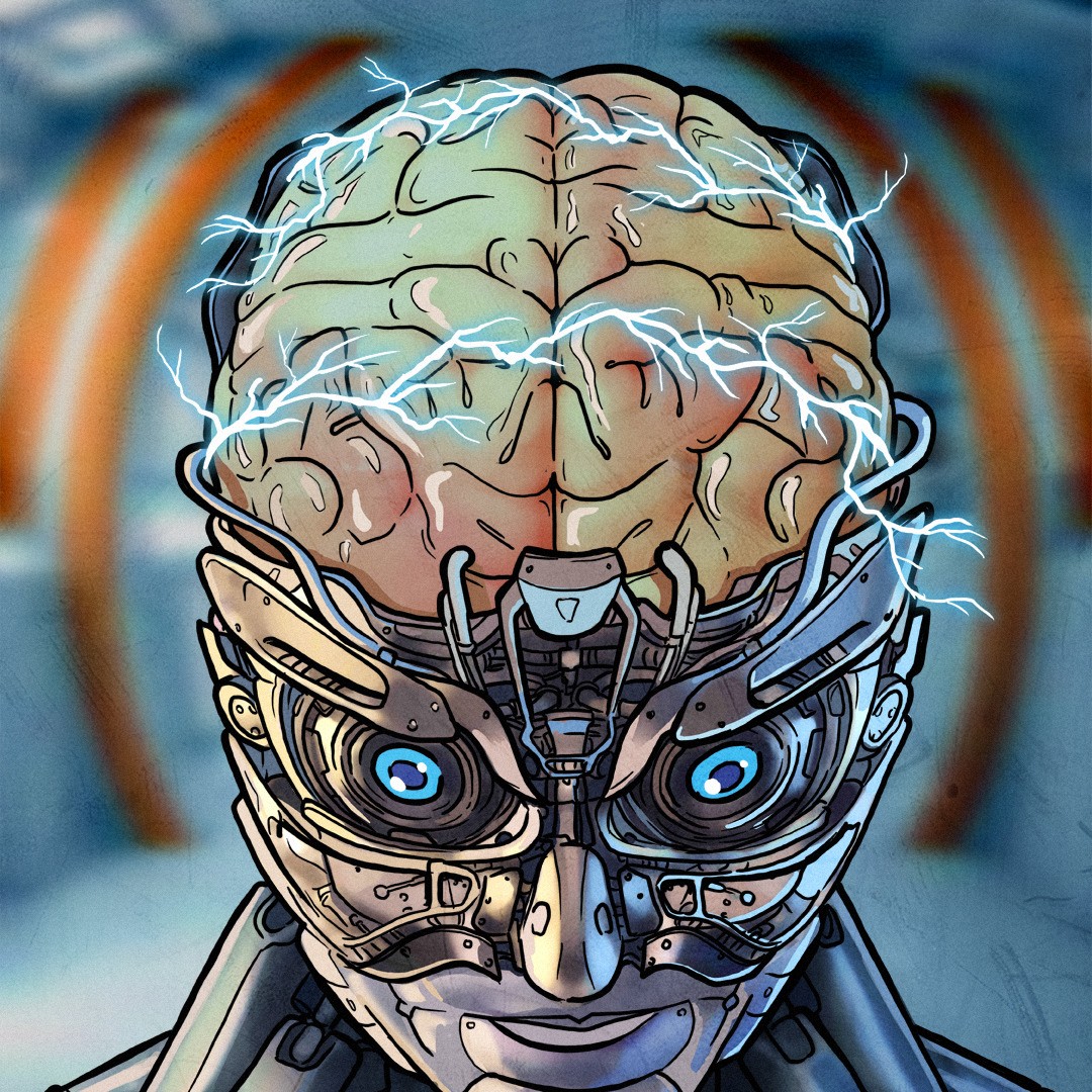 Głowa mechanicznego robota z odsłoniętym, bionicznym mózgiem.