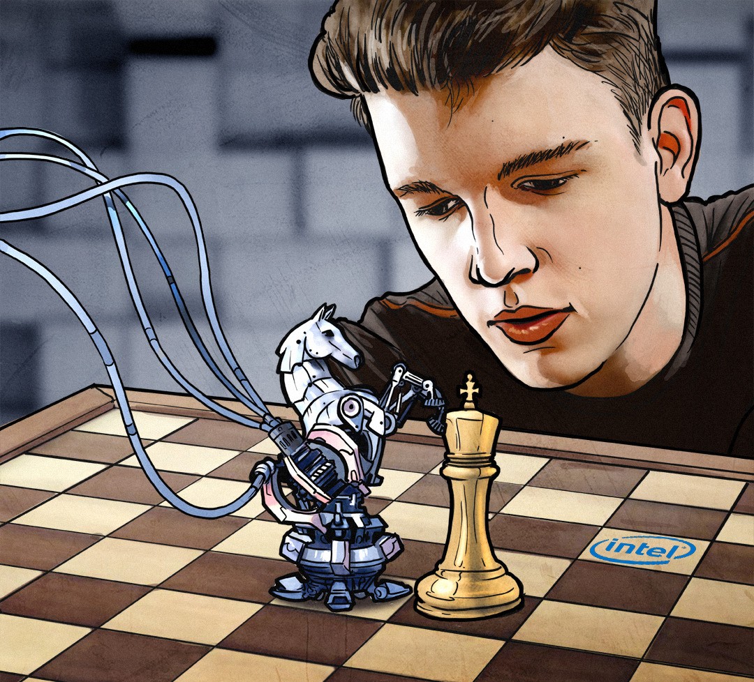 Robokoń i król na szachownicy, ponad którą widoczny jest pogrążony w myślach chłopiec; logo Intel.