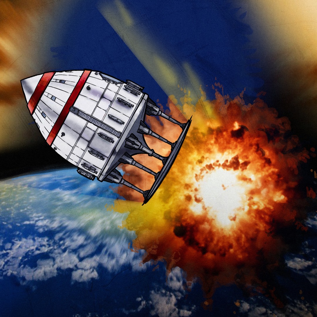 Statek kosmiczny z charakterystyczną dolną osłoną wznosi się ponad Ziemię; za osłoną jaskrawa eksplozja; logo CHIP.