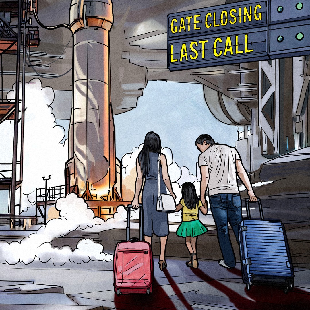 Para z dzieckiem i bagażami zmierza w kierunku rakiety na polu startowym; "Gate closing / Last call"; logo CHIP.