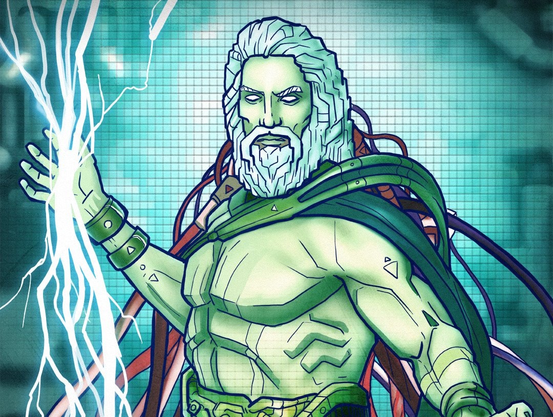 Białowłosy, białooki Zeus z piorunem w dłoni i tarczą przy boku.