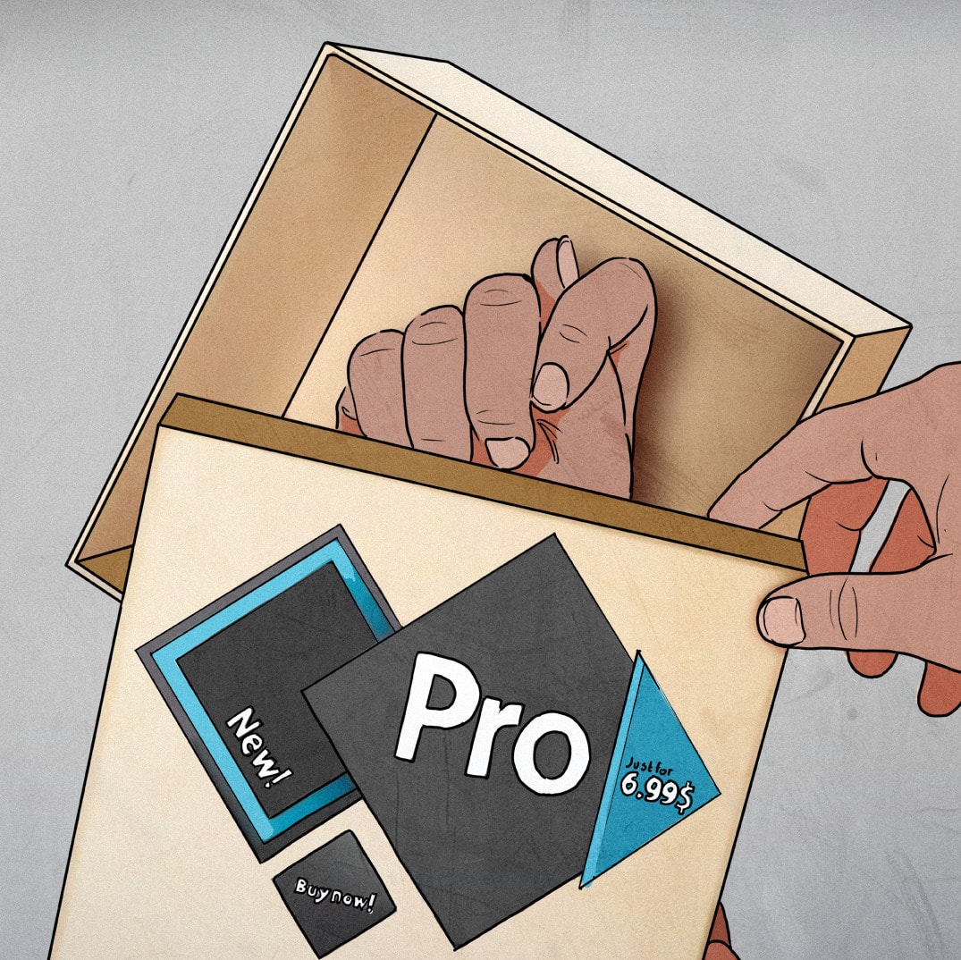 Ręce otwierają pokrywkę od tekturowego pudełka; wewnątrz widać dłoń z kciukiem pomiędzy palcem wskazującym a środkowym, a na pokrywce napisy: "New!", "Buy now!", "Pro", "Just for 6.99$".